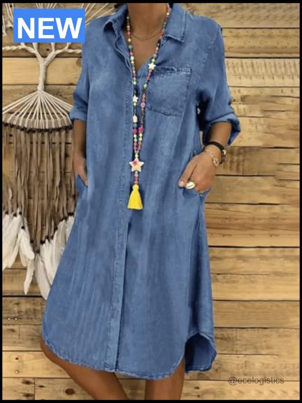 Casual Long Sleeve Button Down Jean Shirt Dress with Pockets Midi Swing - Picture 2 of 7